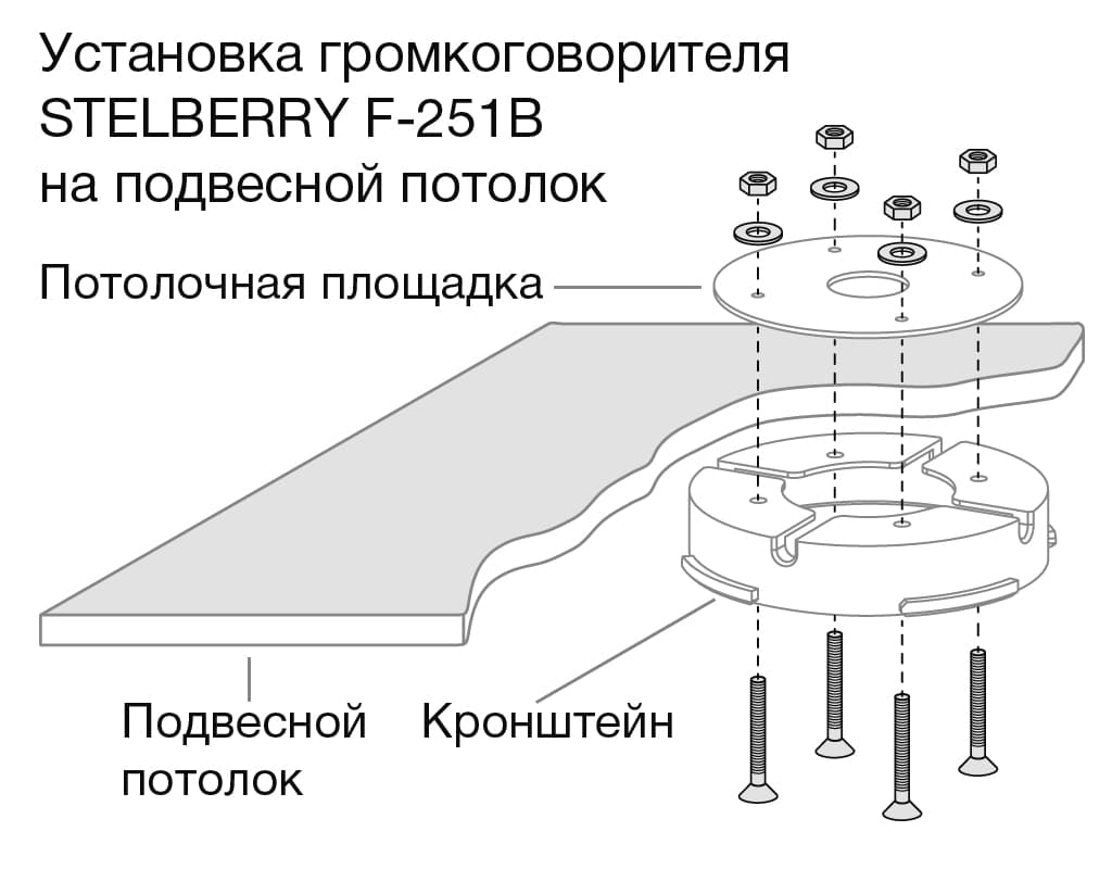 Для установки громкоговорителя STELBERRY F-251B на подвесной потолок служит потолочная площадка